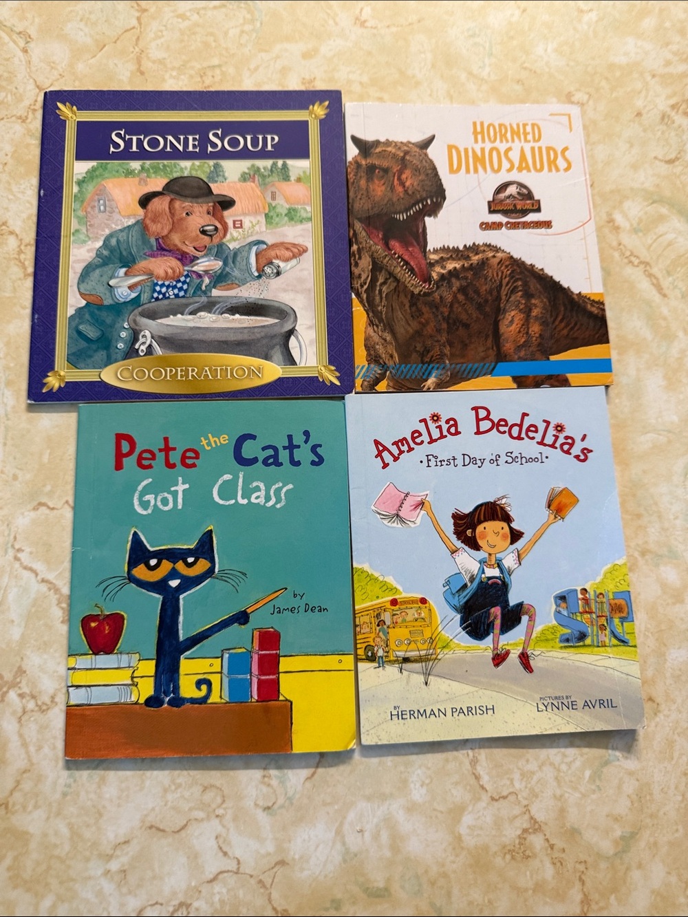 Set of 4 Children’s Picture Books - Colorful Classroom & Dinosaur Covers